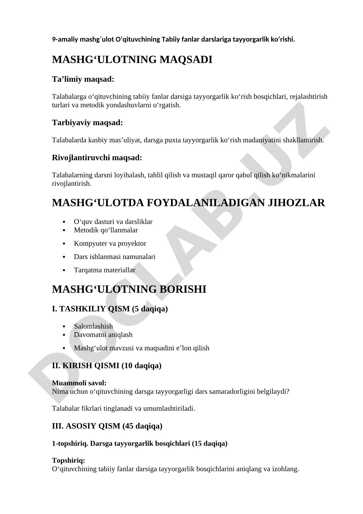 O'qituvchining Tabiiy fanlar darslariga tayyorgarlik ko'rishi
