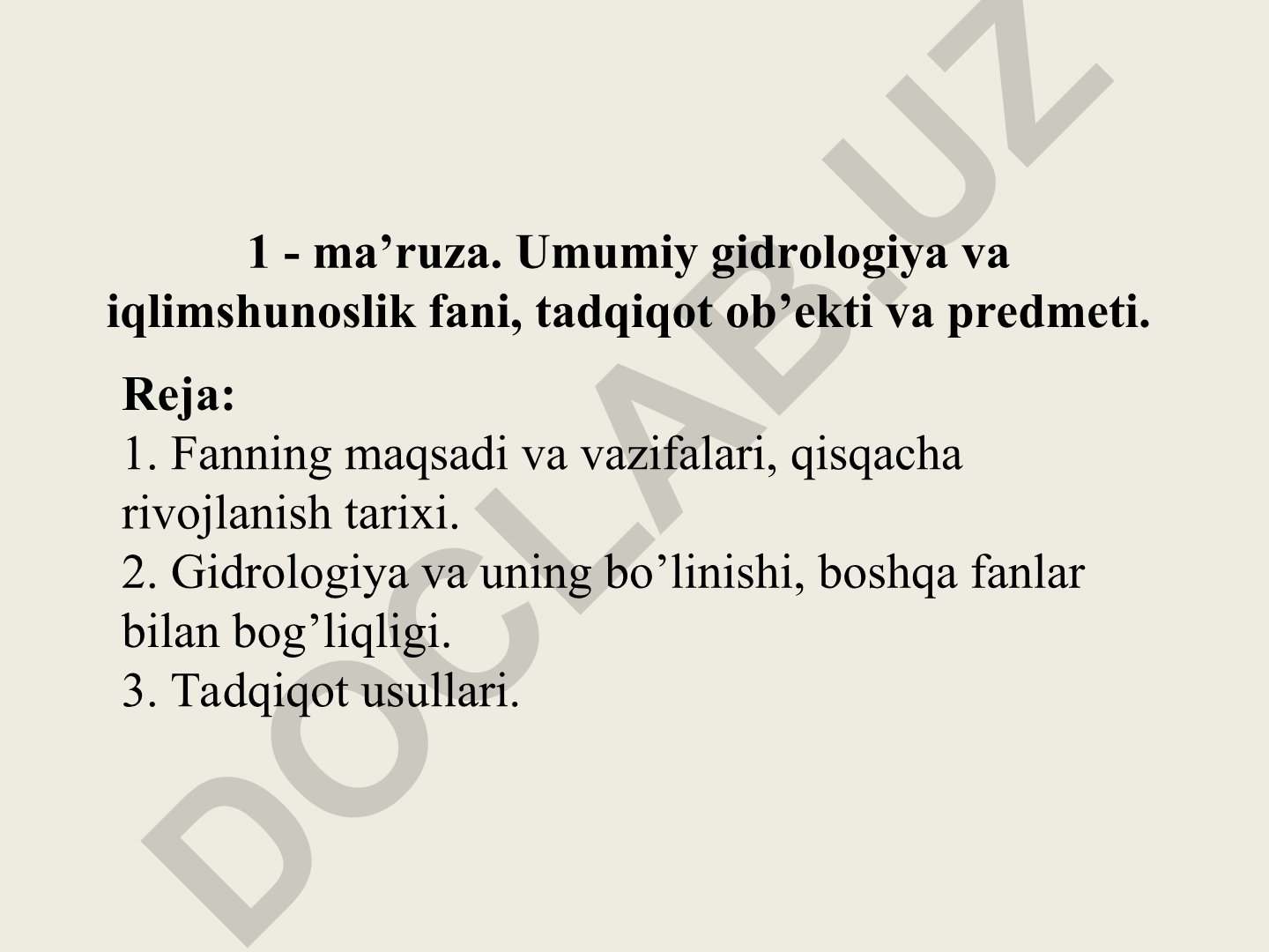 Umumiy gidrologiya va iqlimshunoslik fani, tadqiqot ob'ekti va predmeti