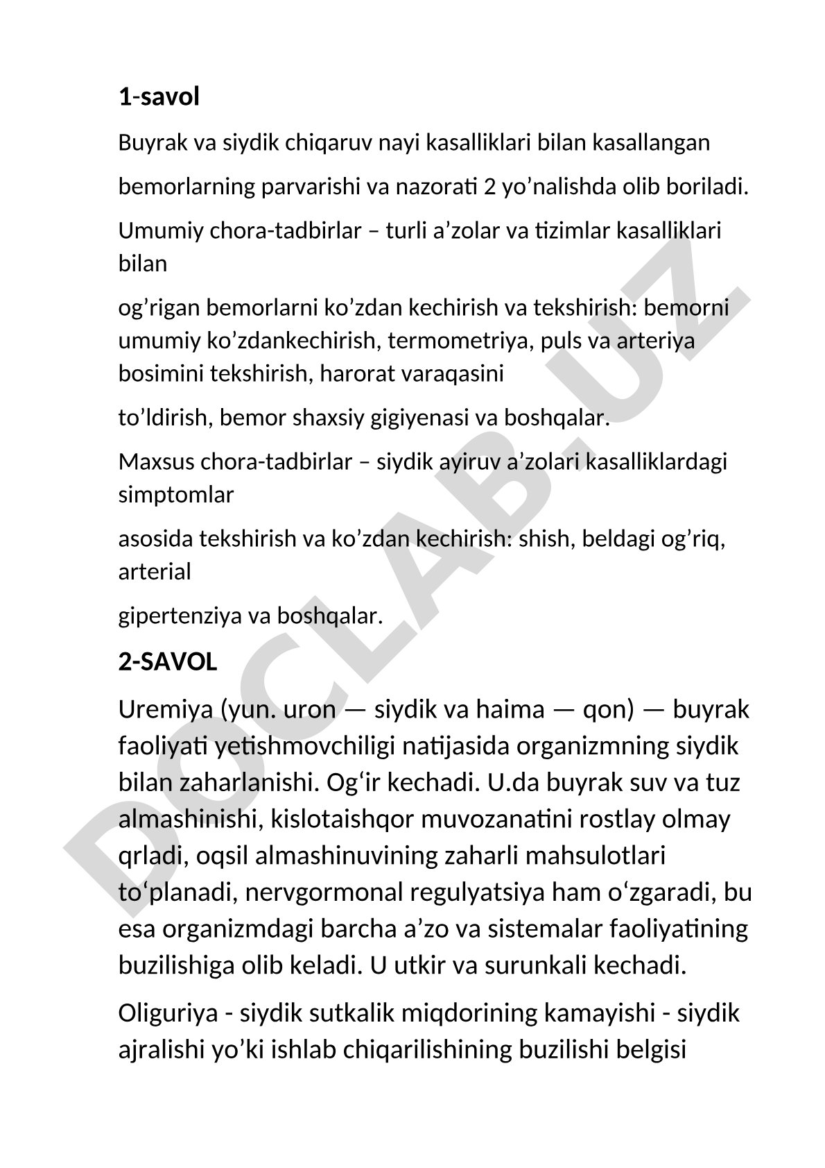 Buyrak va siydik chiqaruv nayi kasalliklari bilan kasallangan bemorlarning parvarishi va nazorati
