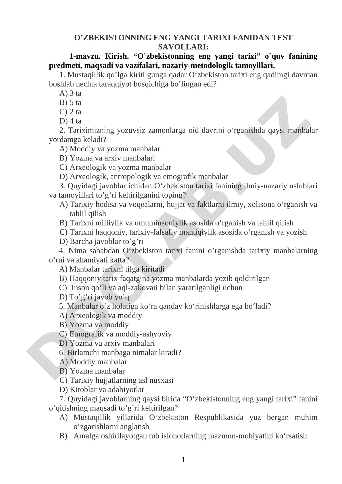 O'zbekistonning eng yangi tarixi fanidan test savollari