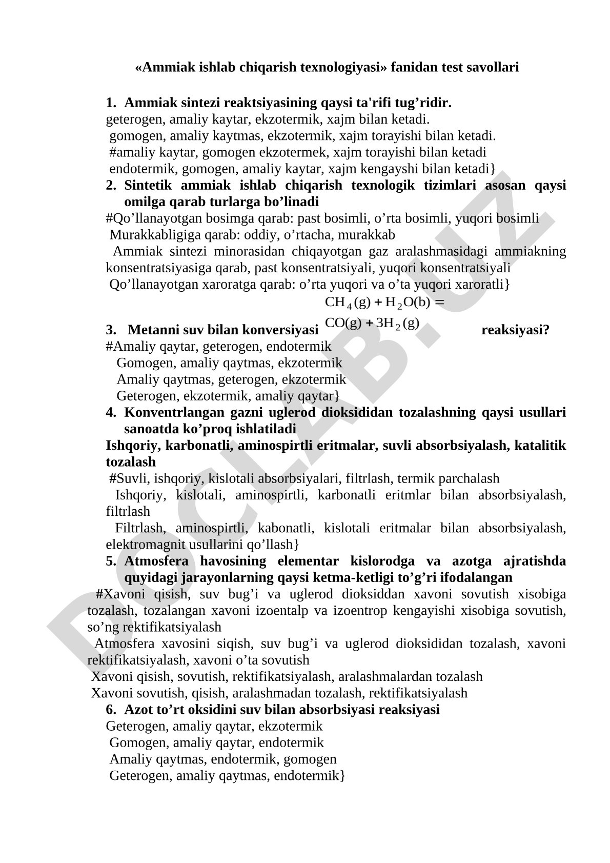 Ammiak ishlab chiqarish texnologiyasi fanidan testlar