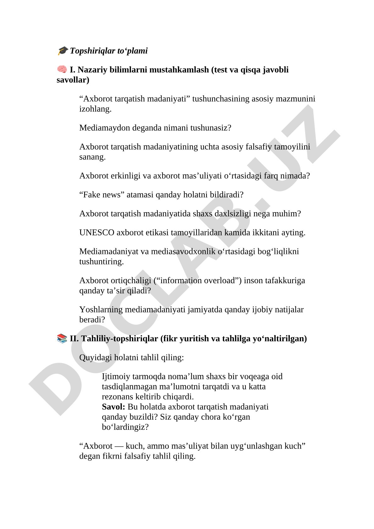 Axborot tarqatish madaniyati bo'yicha topshiriqlar to'plami