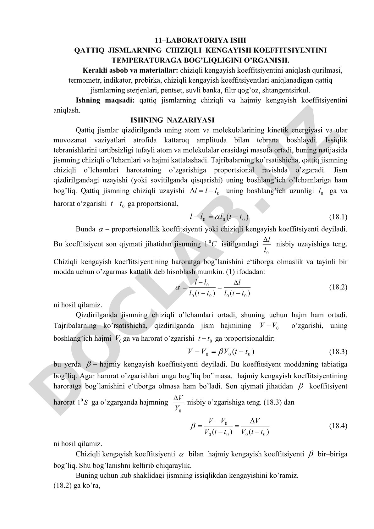 Qattiq jismlarning chiziqli kengayish koeffitsiyentini temperaturaga bog'liqligini o'rganish