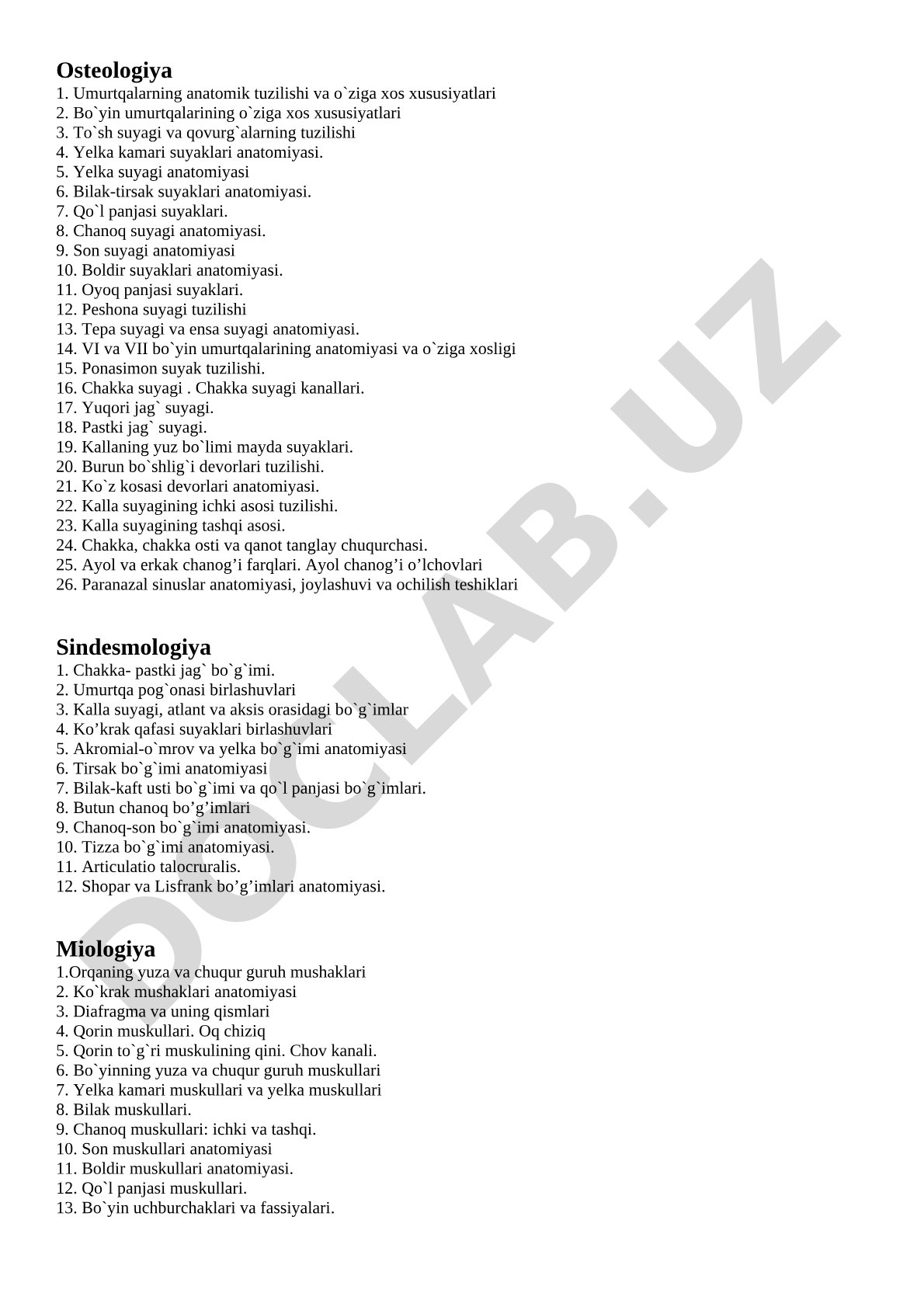 Osteologiya va sindesmologiya mavzulari