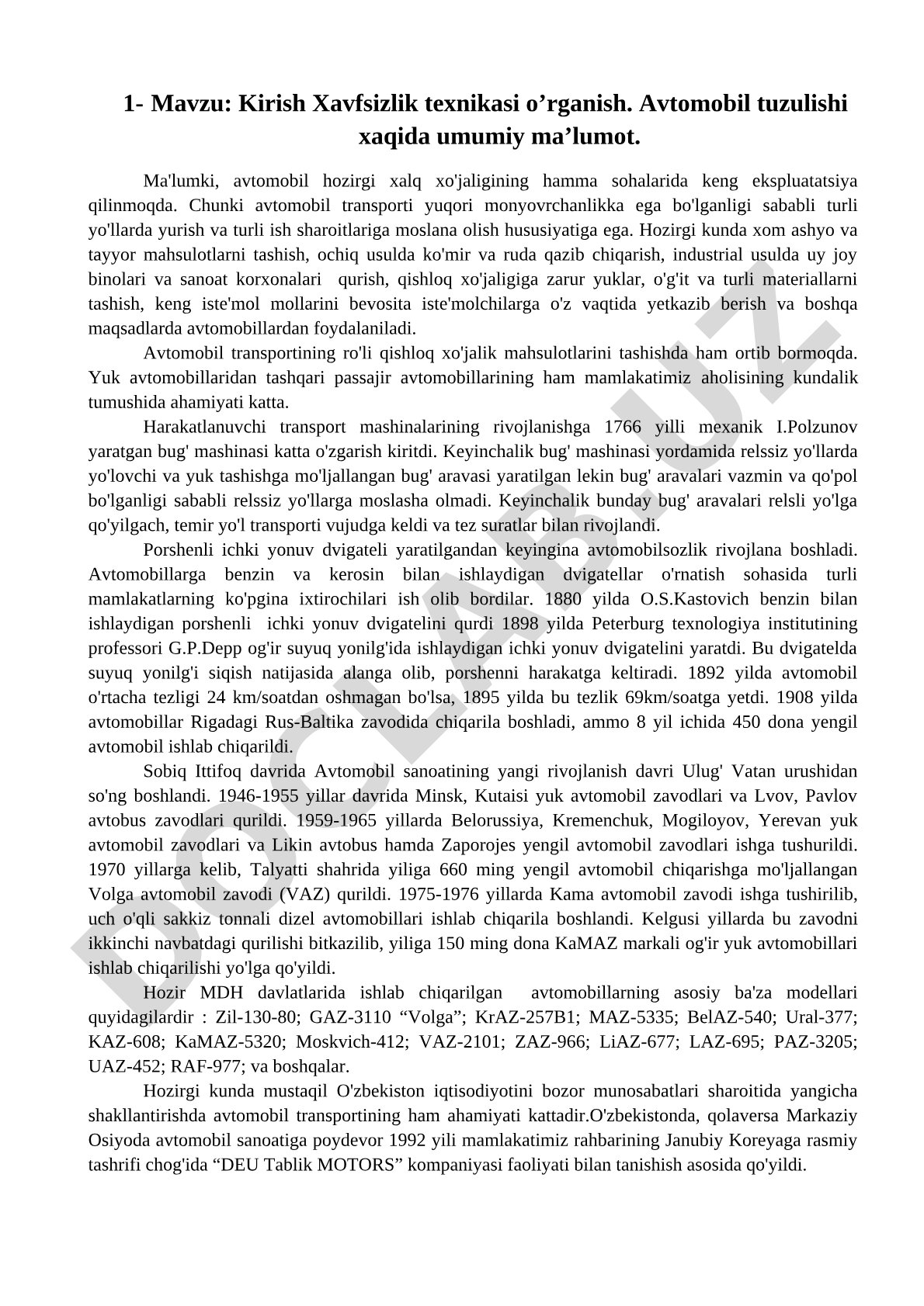Kirish Xavfsizlik texnikasi o’rganish. Avtomobil tuzulishi xaqida umumiy ma’lumot.