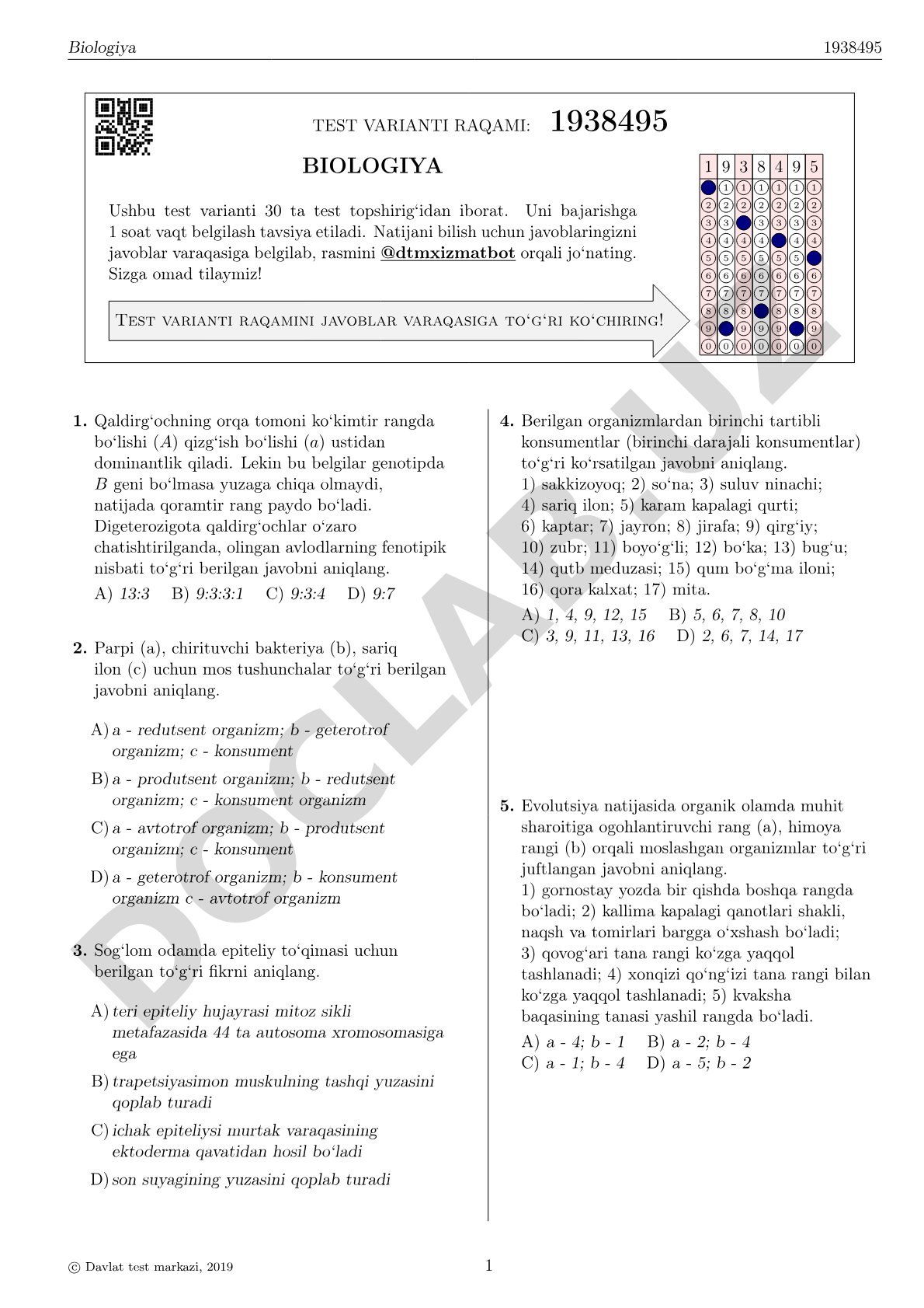 Biologiya fanidan 30 ta test topshirig'idan iborat test varianti