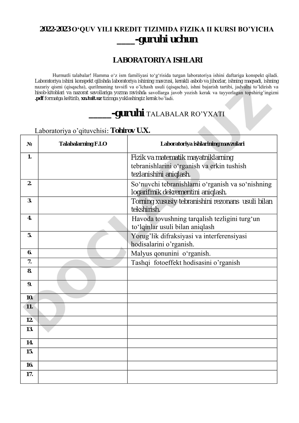 Fizika II kursi laboratoriya ishlari