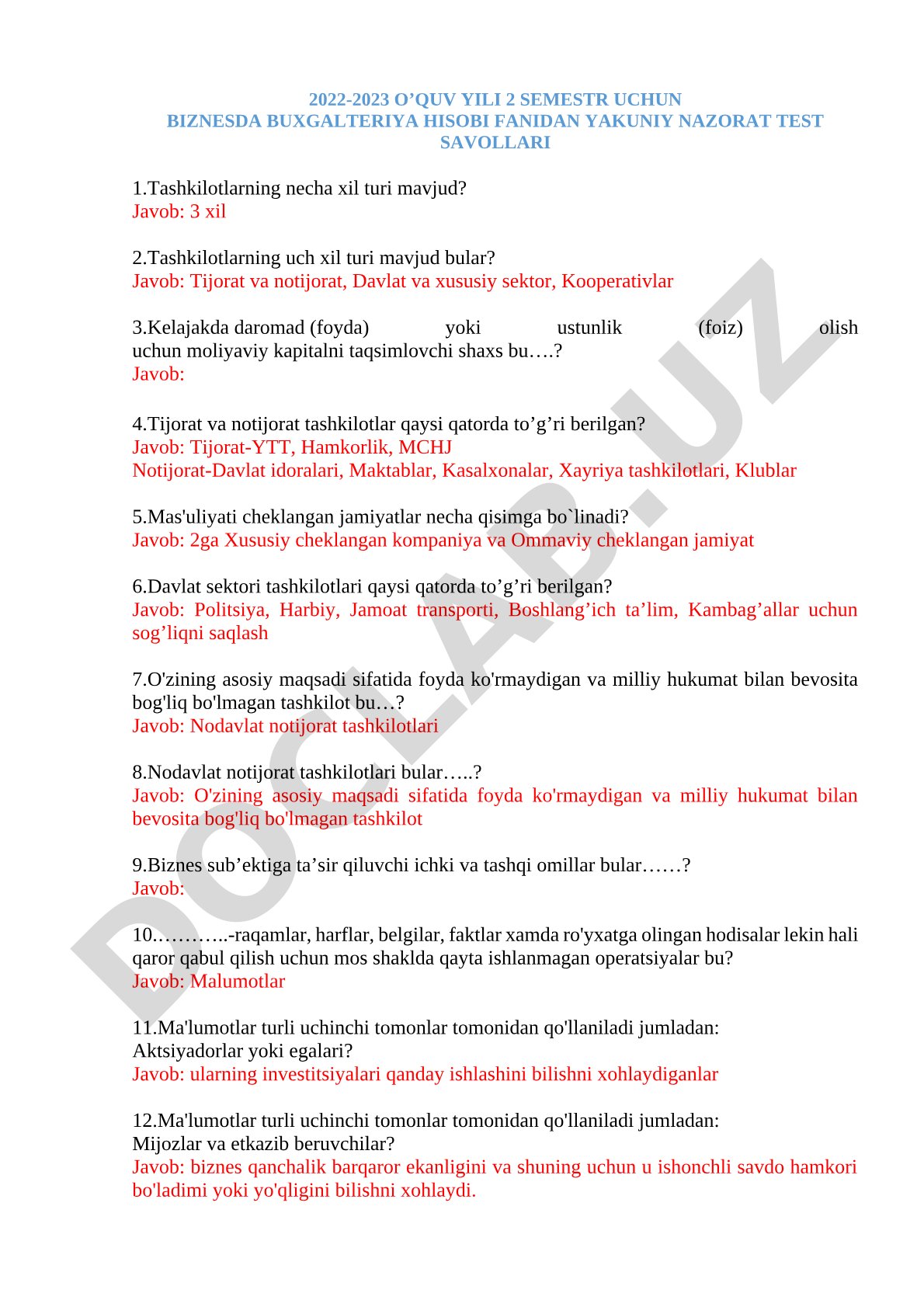 Biznesda buxgalteriya hisobi fanidan yakuniy nazorat test savollari