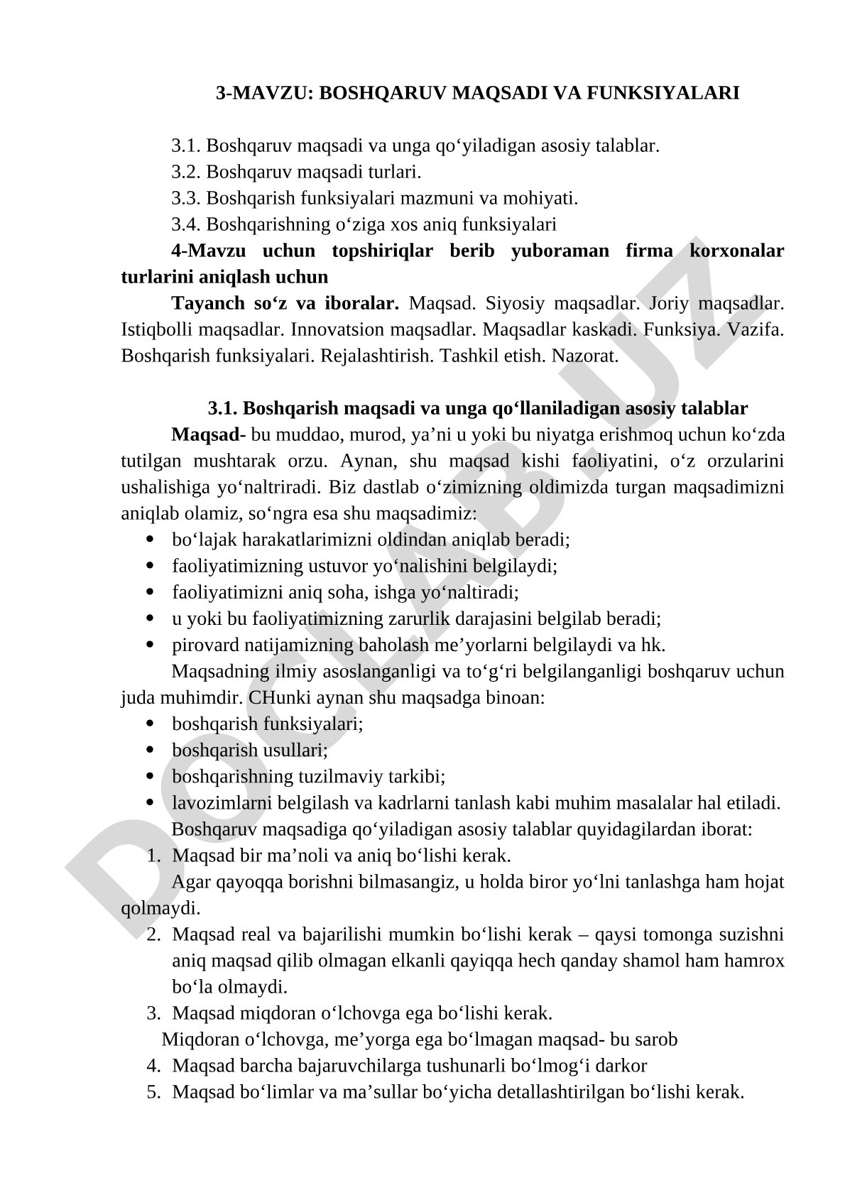 Boshqaruv maqsadi va funksiyalari