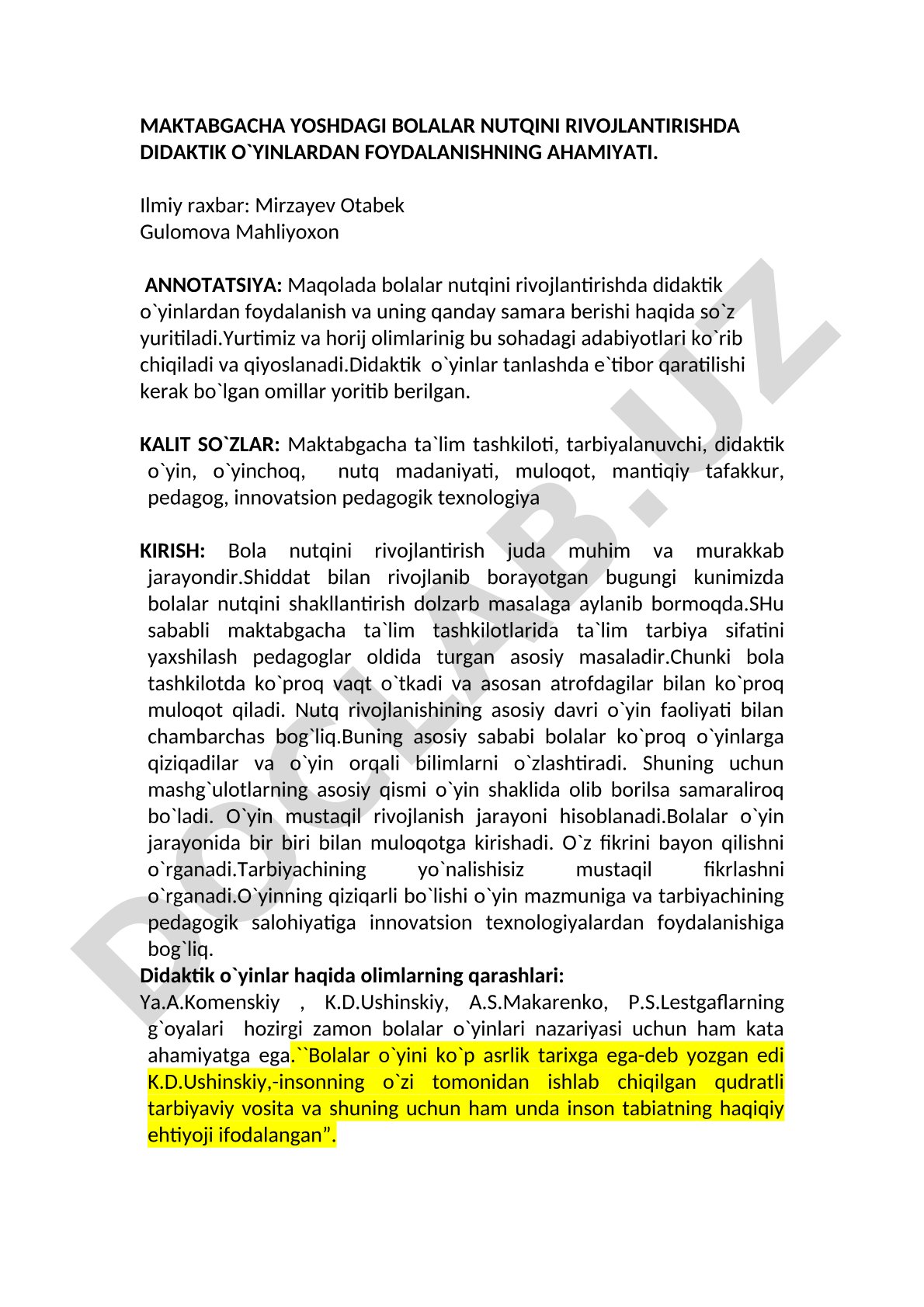 MAKTABGACHA YOSHDAGI BOLALAR NUTQINI RIVOJLANTIRISHDA DIDAKTIK O`YINLARDAN FOYDALANISHNING AHAMIYATI