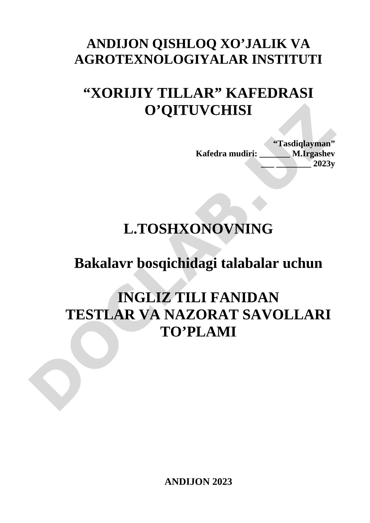 Ingliz tili fanidan testlar va nazorat savollari to'plami