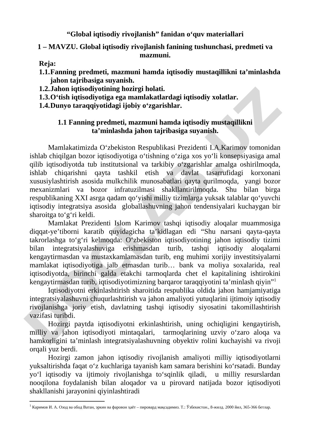 Global iqtisodiy rivojlanish fanining tushunchasi, predmeti va mazmuni