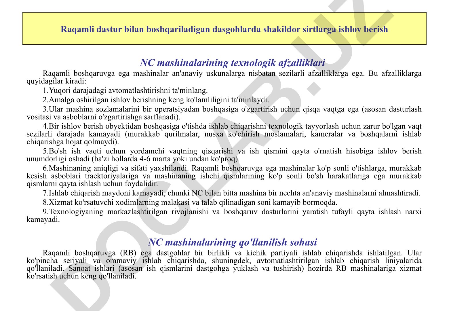 NC mashinalarining texnologik afzalliklari