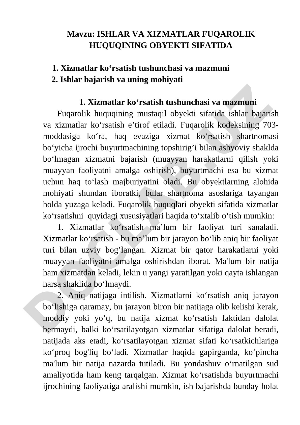 ISHLAR VA XIZMATLAR FUQAROLIK HUQUQINING OBYEKTI SIFATIDA