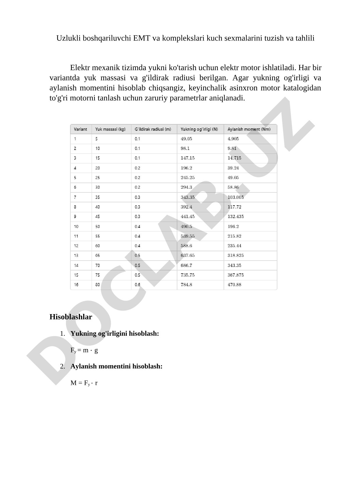 Uzlukli boshqariluvchi EMT va komplekslari kuch sexmalarini tuzish va tahlili