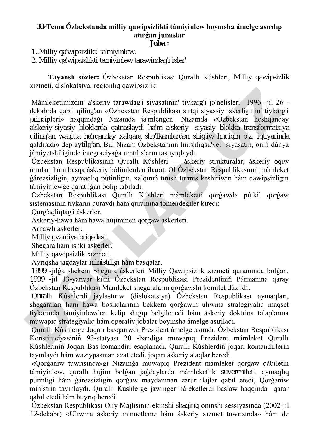 Ózbekstanda milliy qawipsizlikti támiyinlew boyınsha ámelge asırılıp atırǵan jumıslar