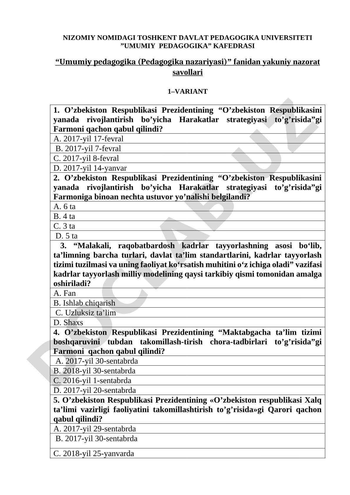 Umumiy pedagogika fanidan yakuniy nazorat savollari 1-variant