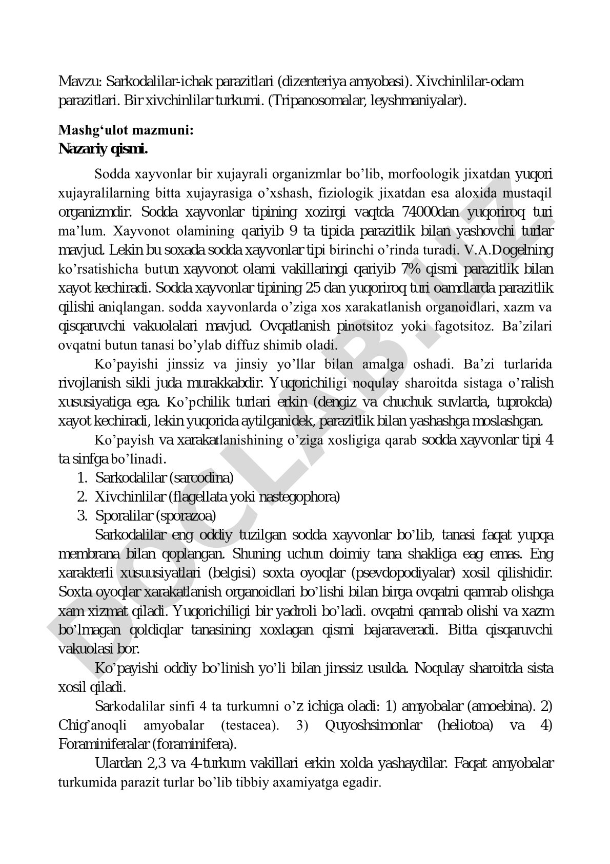 Sarkodalilar-ichak parazitlari (dizenteriya amyobasi). Xivchinlilar-odam parazitlari. Bir xivchinlilar turkumi. (Tripanosomalar, leyshmaniyalar)