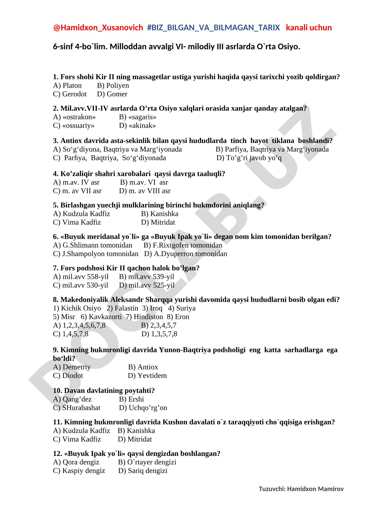 6-sinf 4-bo'lim. Milloddan avvalgi VI - milodiy III asrlarda O'rta Osiyo.