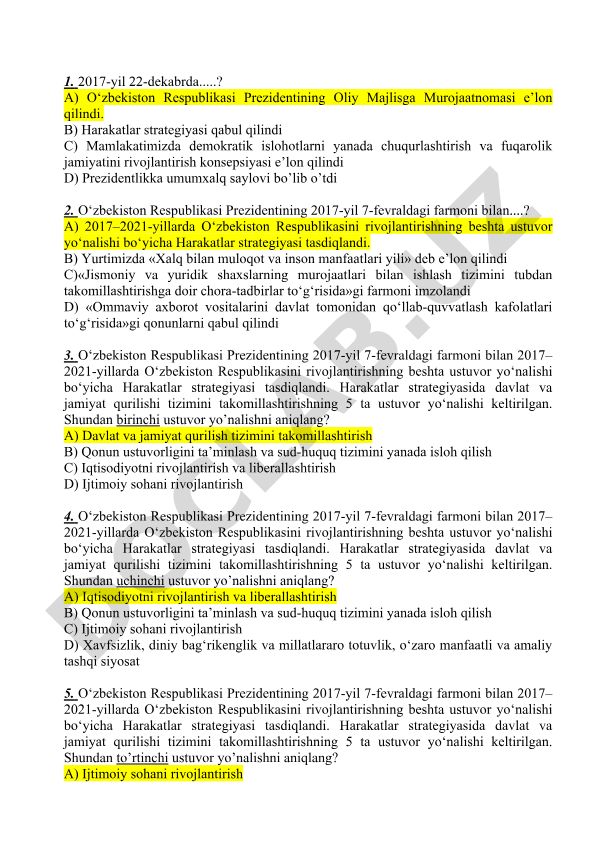 O'zbekiston Respublikasi Prezidentining 2017-yilgi farmonlari va Harakatlar strategiyasi