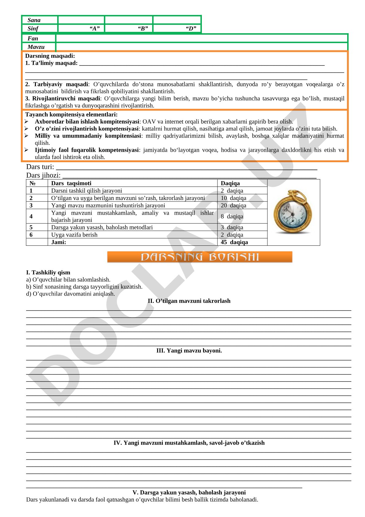 Dars maqsadlari va tayanch kompetensiya elementlari