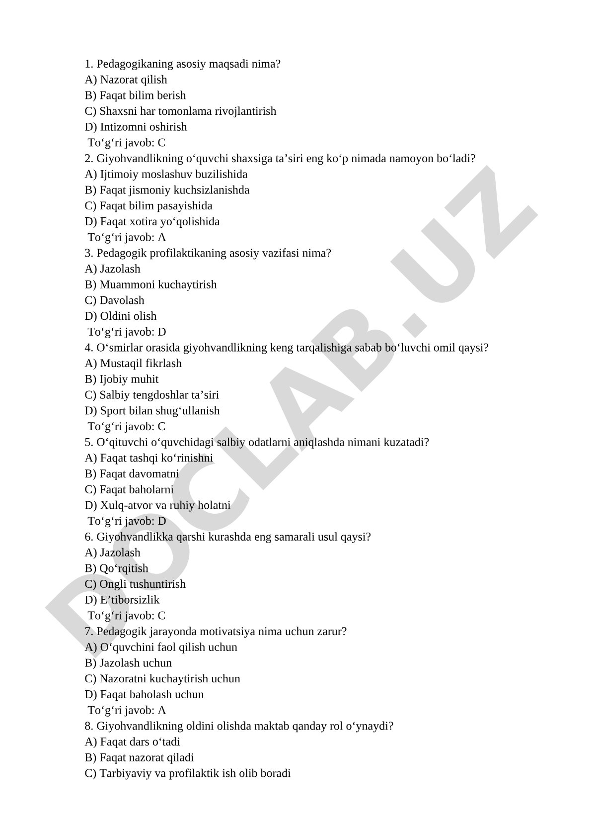 Pedagogik test savollari