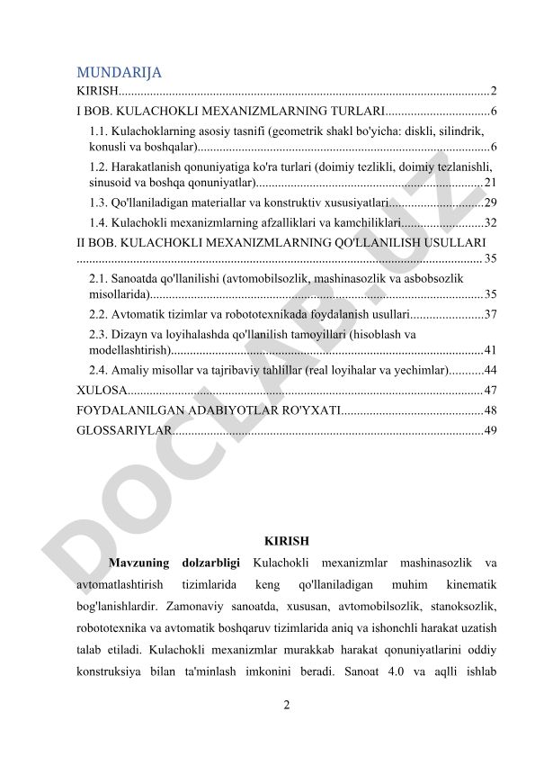 Kulachokli mexanizmlarning turlari va qo'llanilish usullari