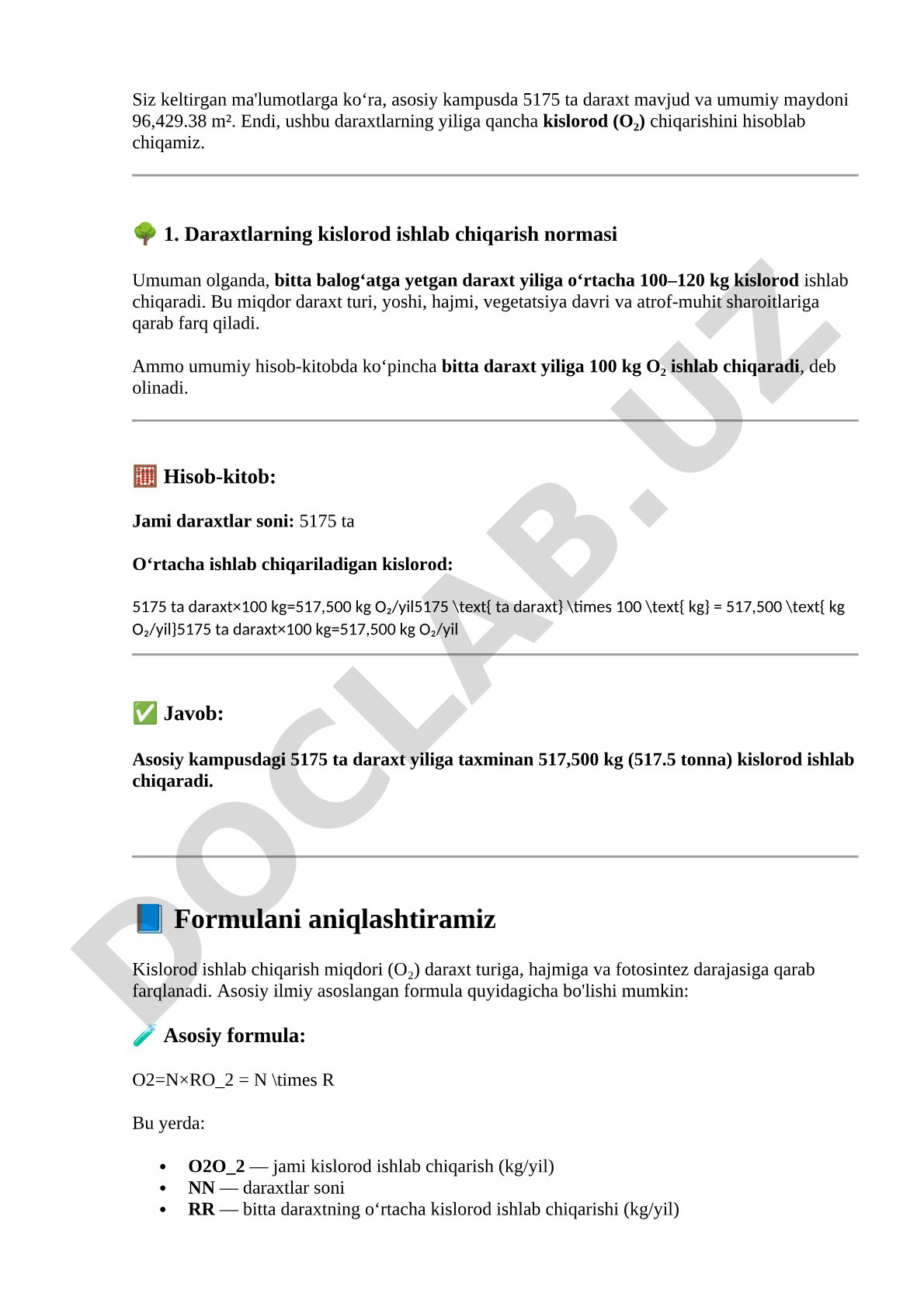 Asosiy kampusdagi daraxtlarning kislorod ishlab chiqarish hisobi