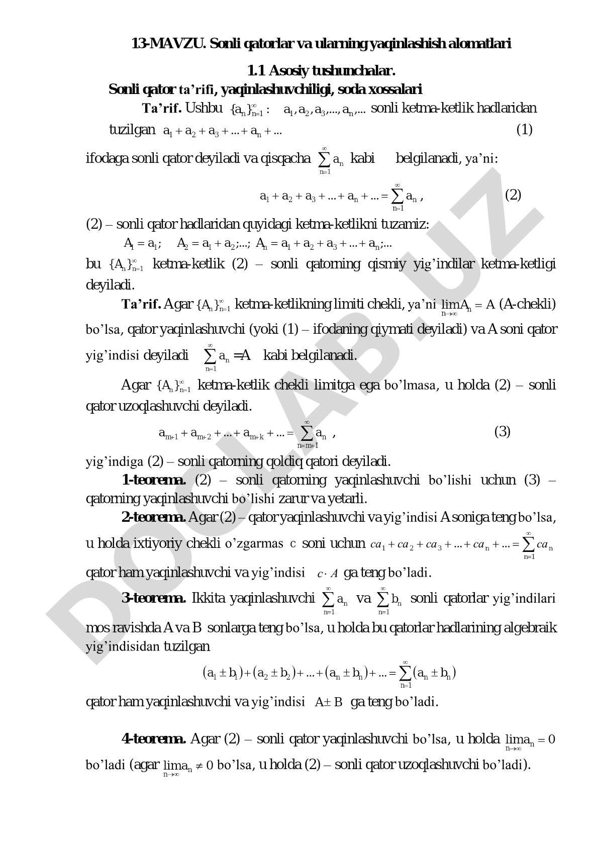 Sonli qatorlar va ularning yaqinlashish alomatlari