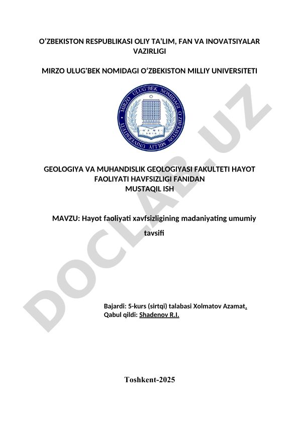 Hayot faoliyati xavfsizligining madaniyating umumiy tavsifi