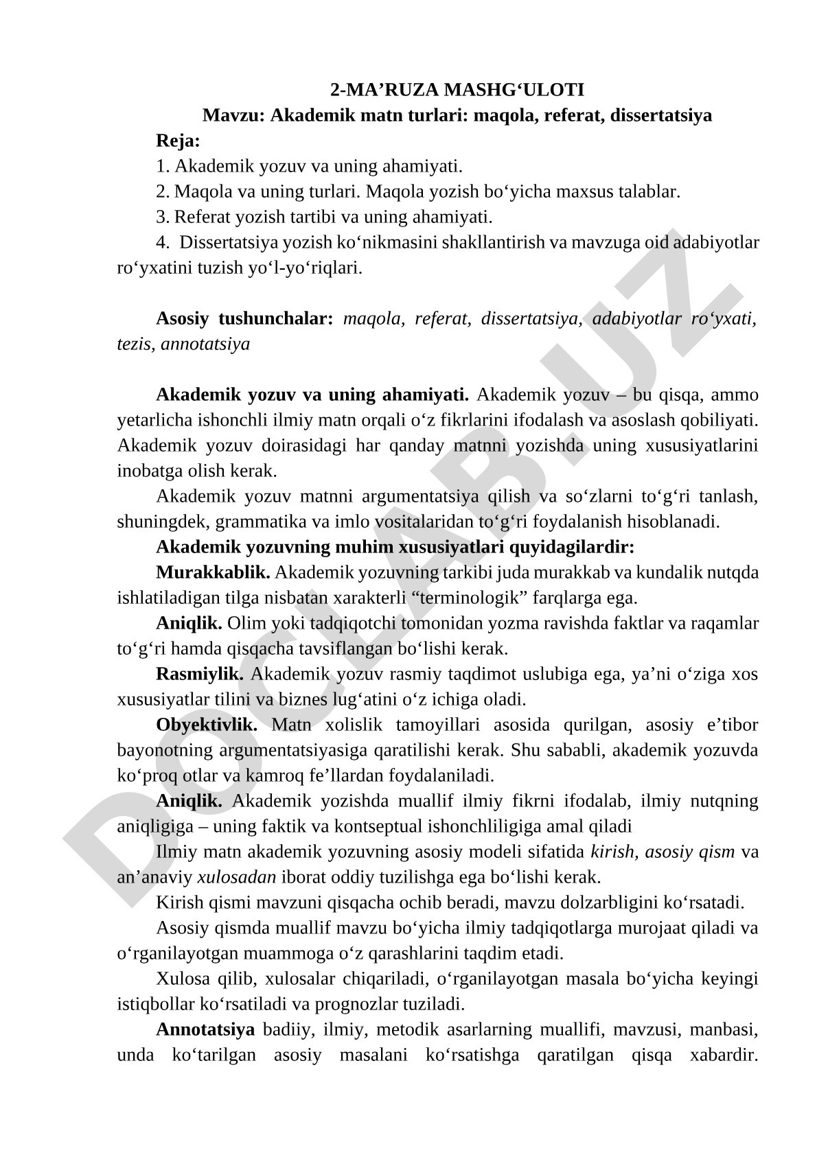 Akademik matn turlari: maqola, referat, dissertatsiya
