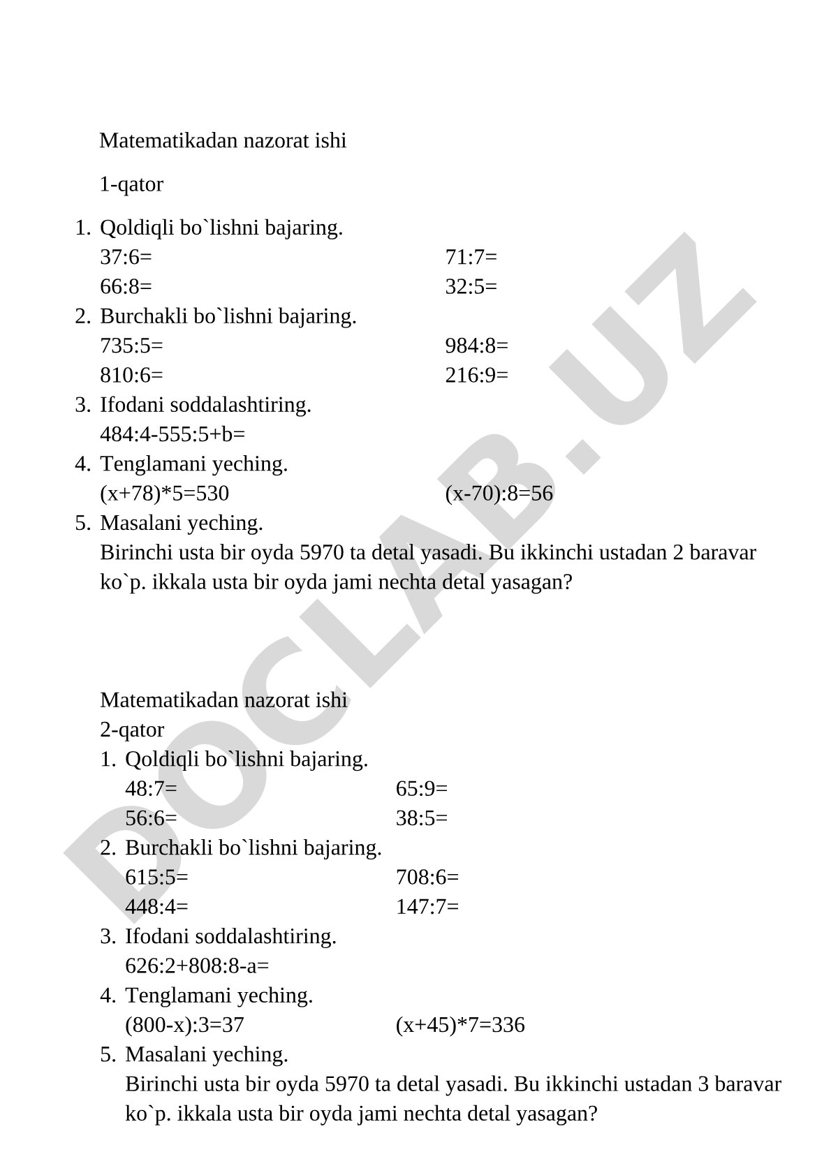 Matematikadan nazorat ishi: bo'lish, tenglamalar va masala
