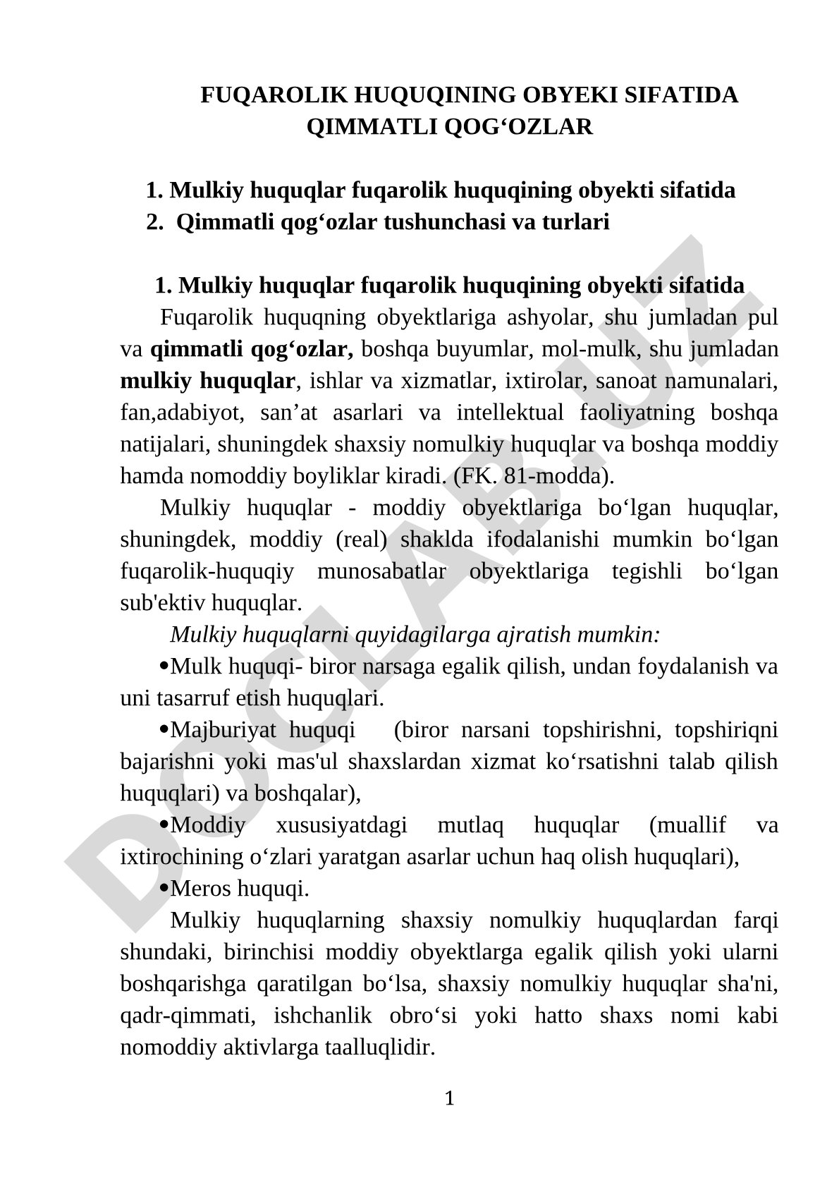Fuqarolik huquqining obyekti sifatida qimmatli qog'ozlar