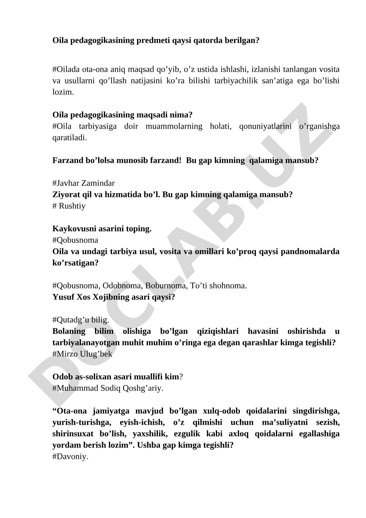 Oila pedagogikasi test savollari va javoblari