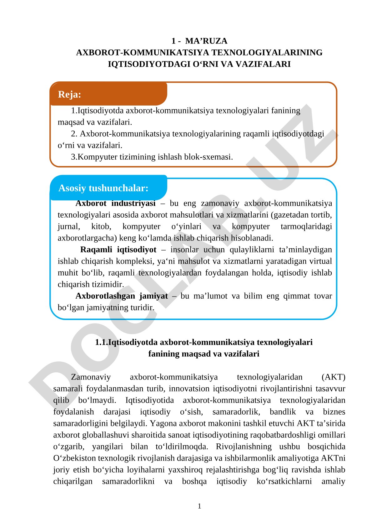 Axborot-kommunikatsiya texnologiyalarining iqtisodiyotdagi o‘rni va vazifalari