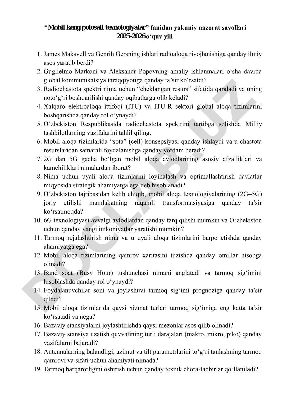 Mobil keng polosali texnologiyalar fanidan yakuniy nazorat savollari