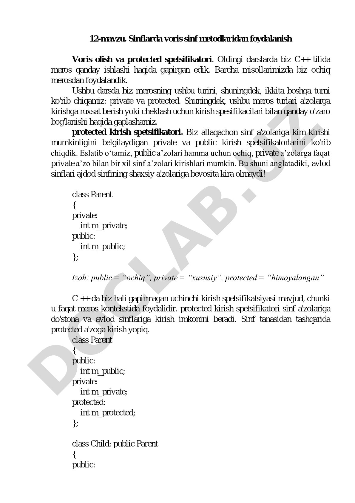 Sinflarda voris sinf metodlaridan foydalanish Voris olish va protected spetsifikatori