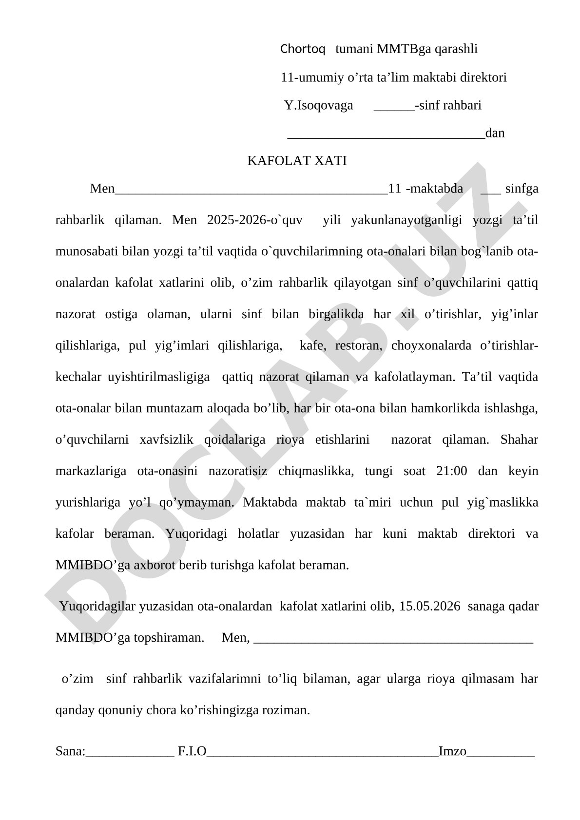 Yozgi ta'til davrida o'quvchilar nazorati bo'yicha kafolat xati