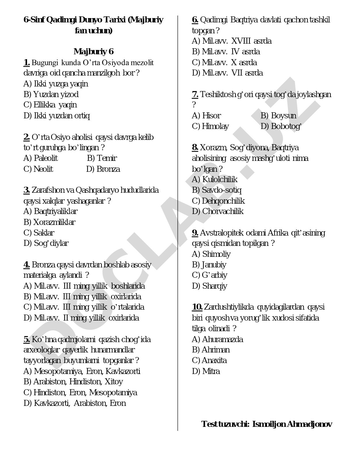 6-Sinf Qadimgi Dunyo Tarixi (Majburiy fan uchun)