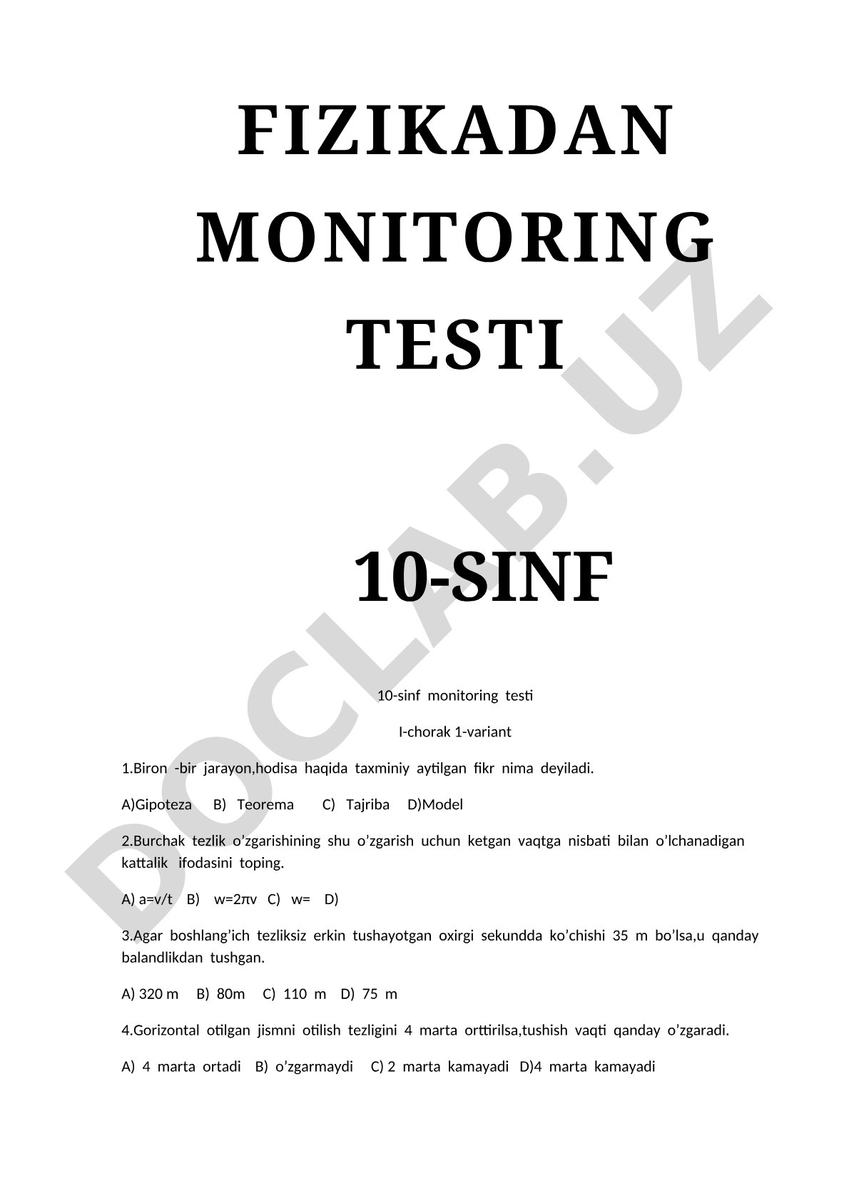 Fizikadan monitoring testi 10-sinf I-chorak 1-variant