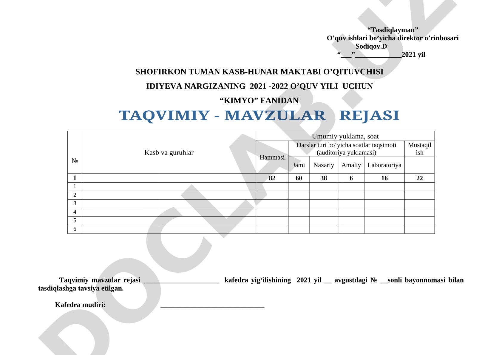 Kimyo fanidan 2021-2022 o'quv yili taqvimiy-mavzular rejasi