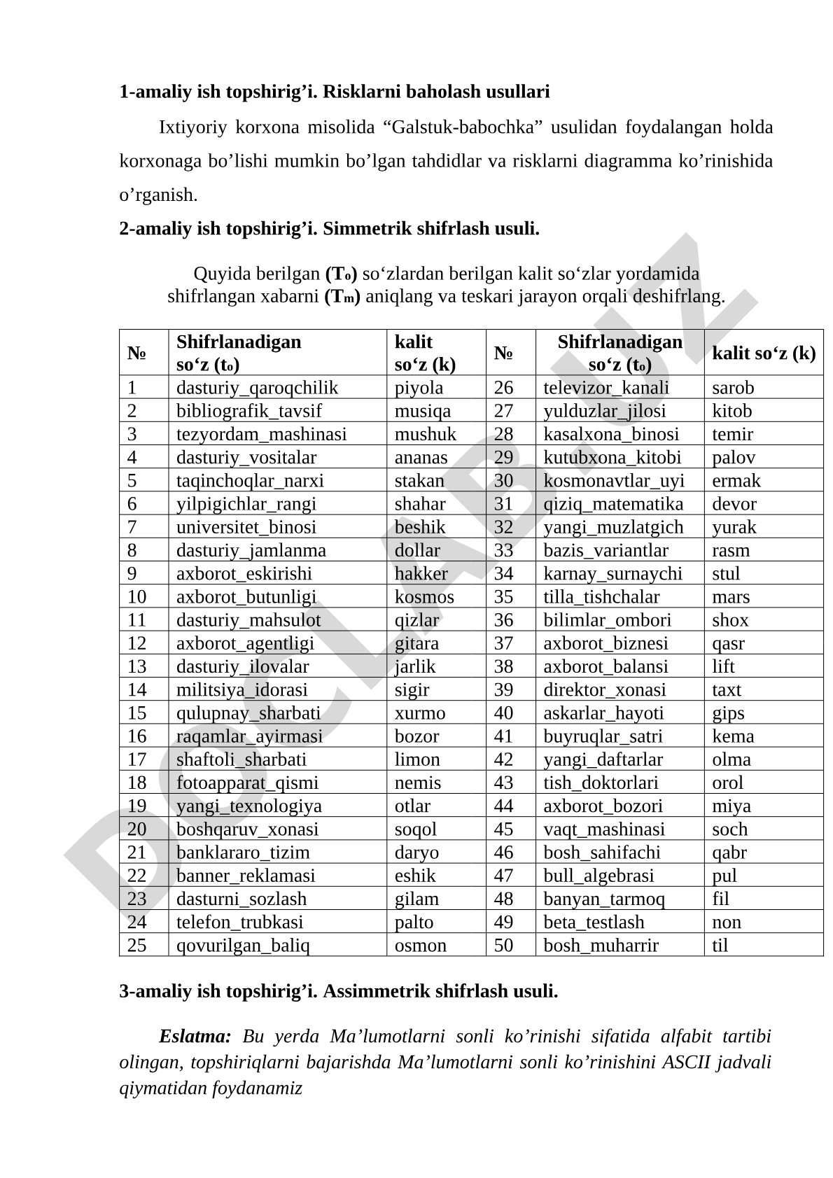 Risklarni baholash usullari va simmetrik shifrlash usuli
