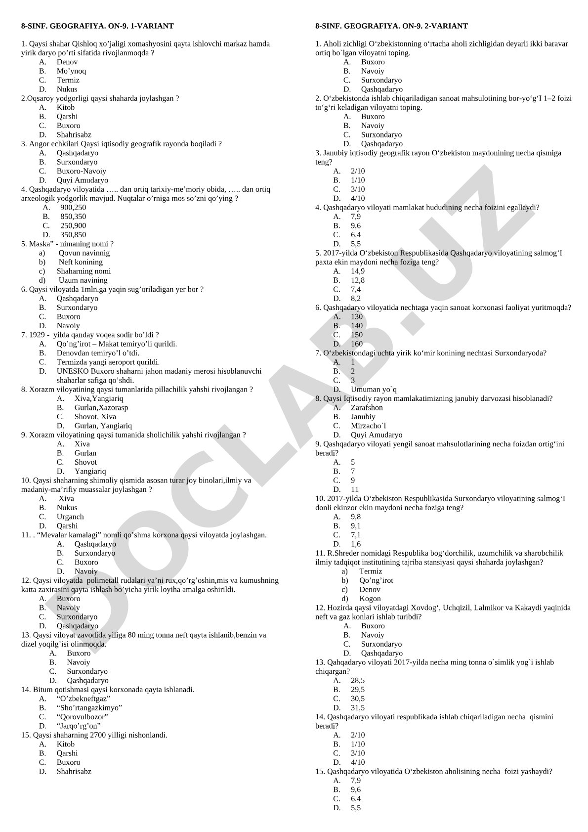 O'zbekiston geografiyasi bo'yicha test savollari