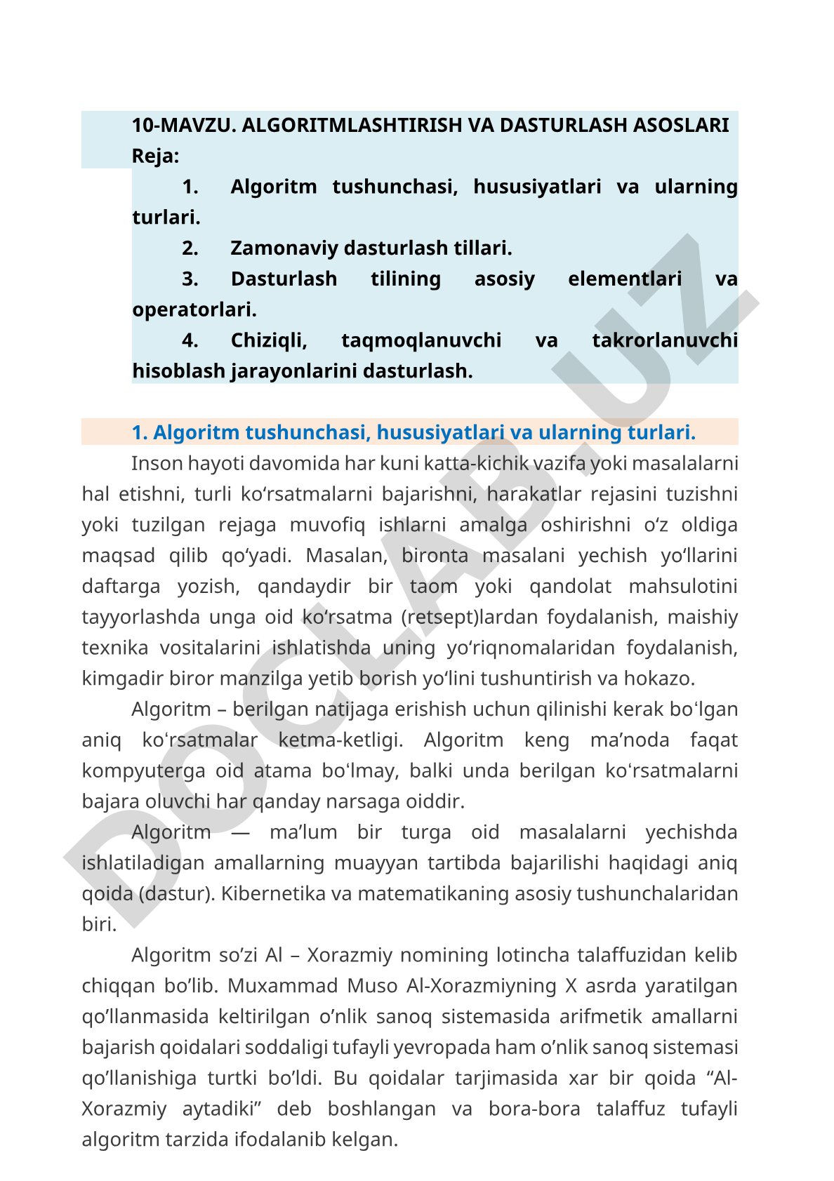 Algoritmlashtirish va dasturlash asoslari