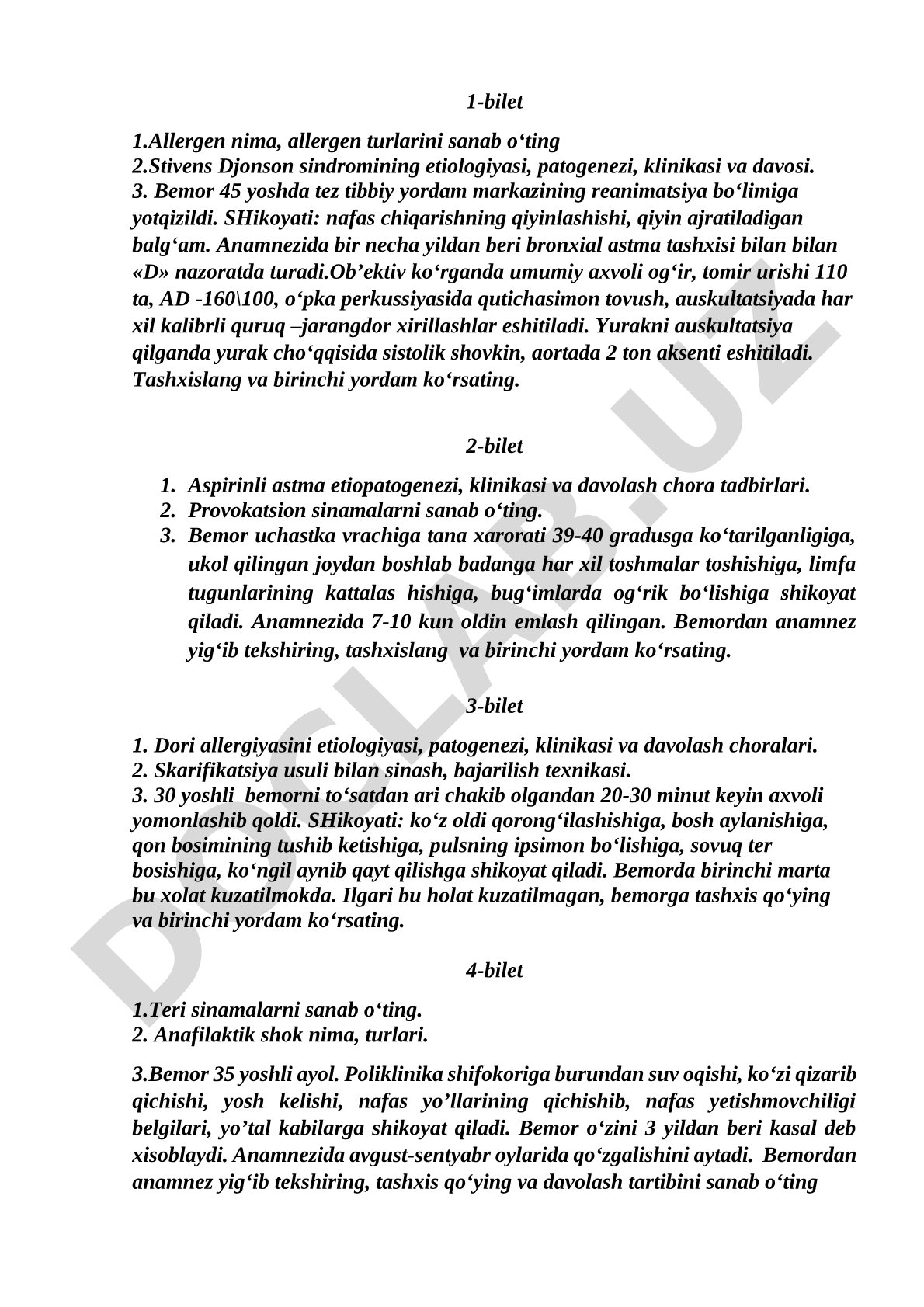 Allergiya va bronxial astma bo'yicha bilet savollari