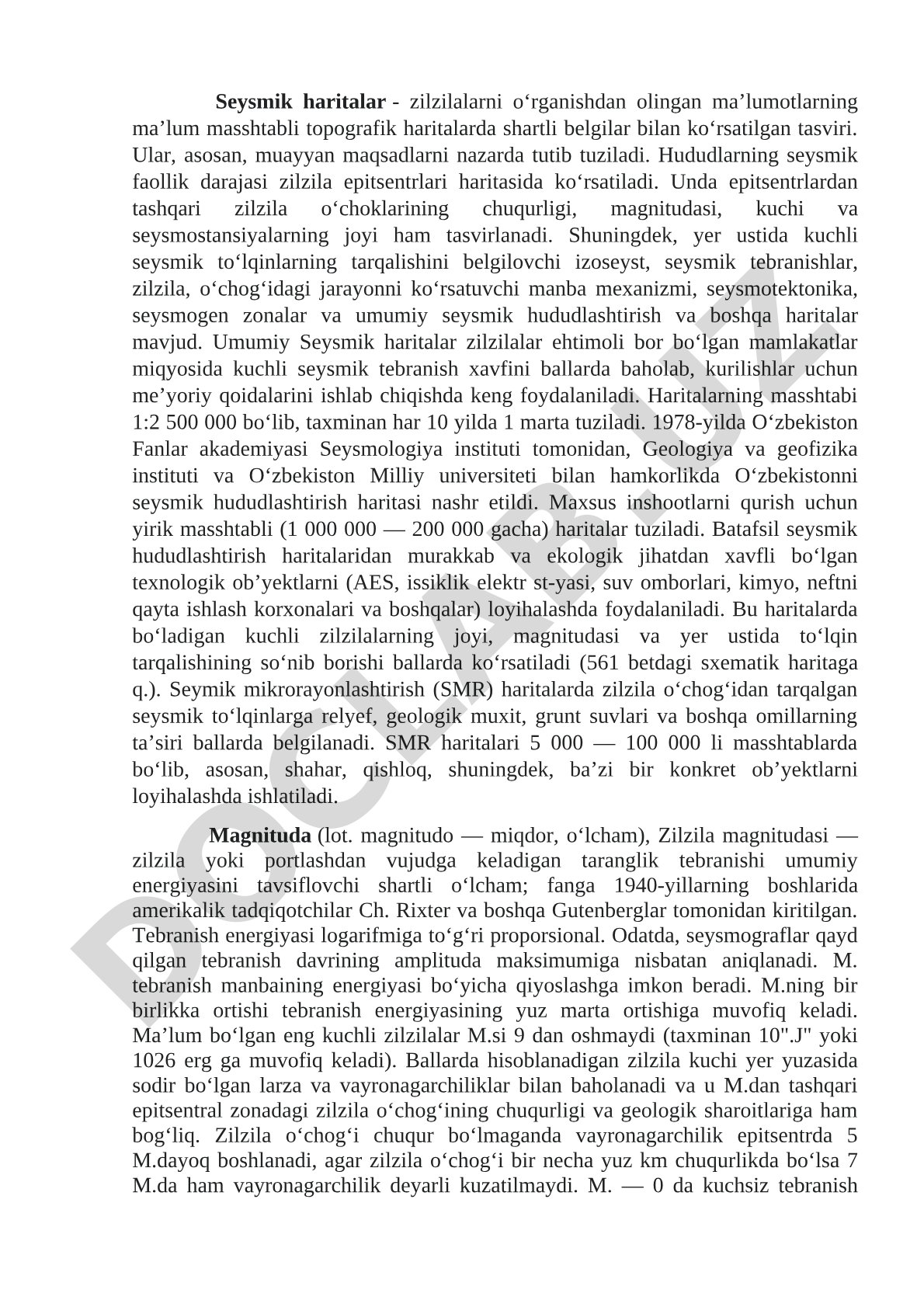 Seysmik haritalar turlari, masshtabi va O'zbekiston seysmik hududlashtirish haritasi