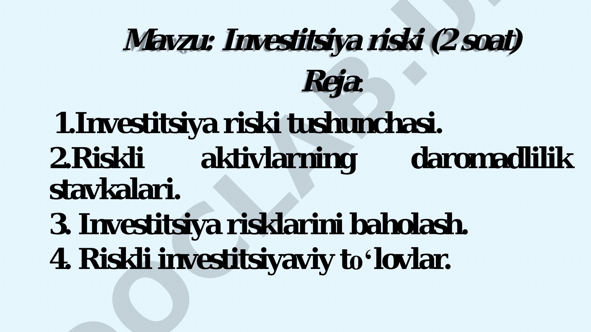 Investitsiya riski tushunchasi, riskli aktivlar daromadliligi, risklarni baholash va