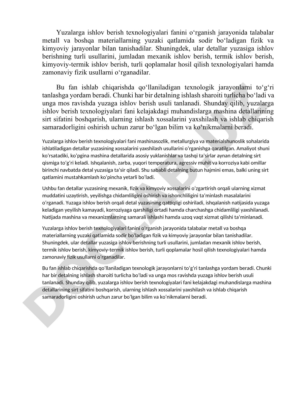 Yuzalarga ishlov berish texnologiyalari