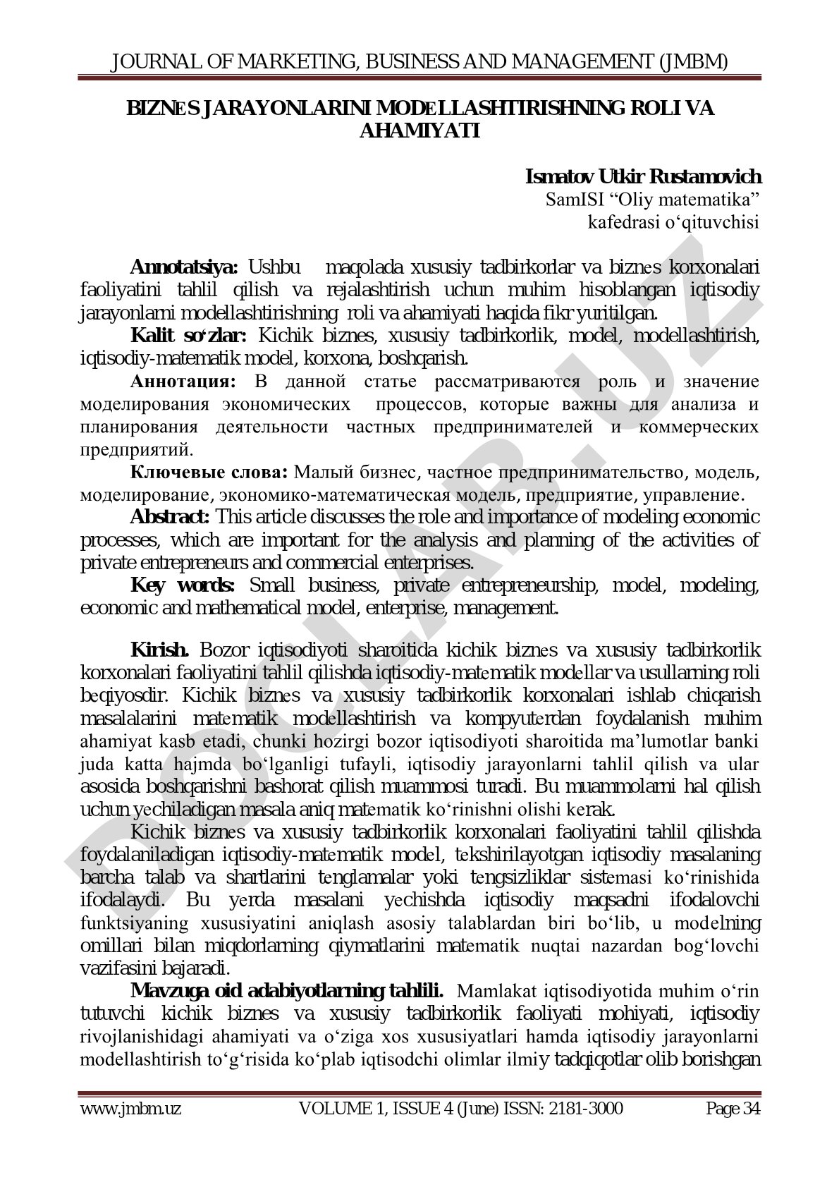 Biznes jarayonlarini modellashtirishning roli va ahamiyati