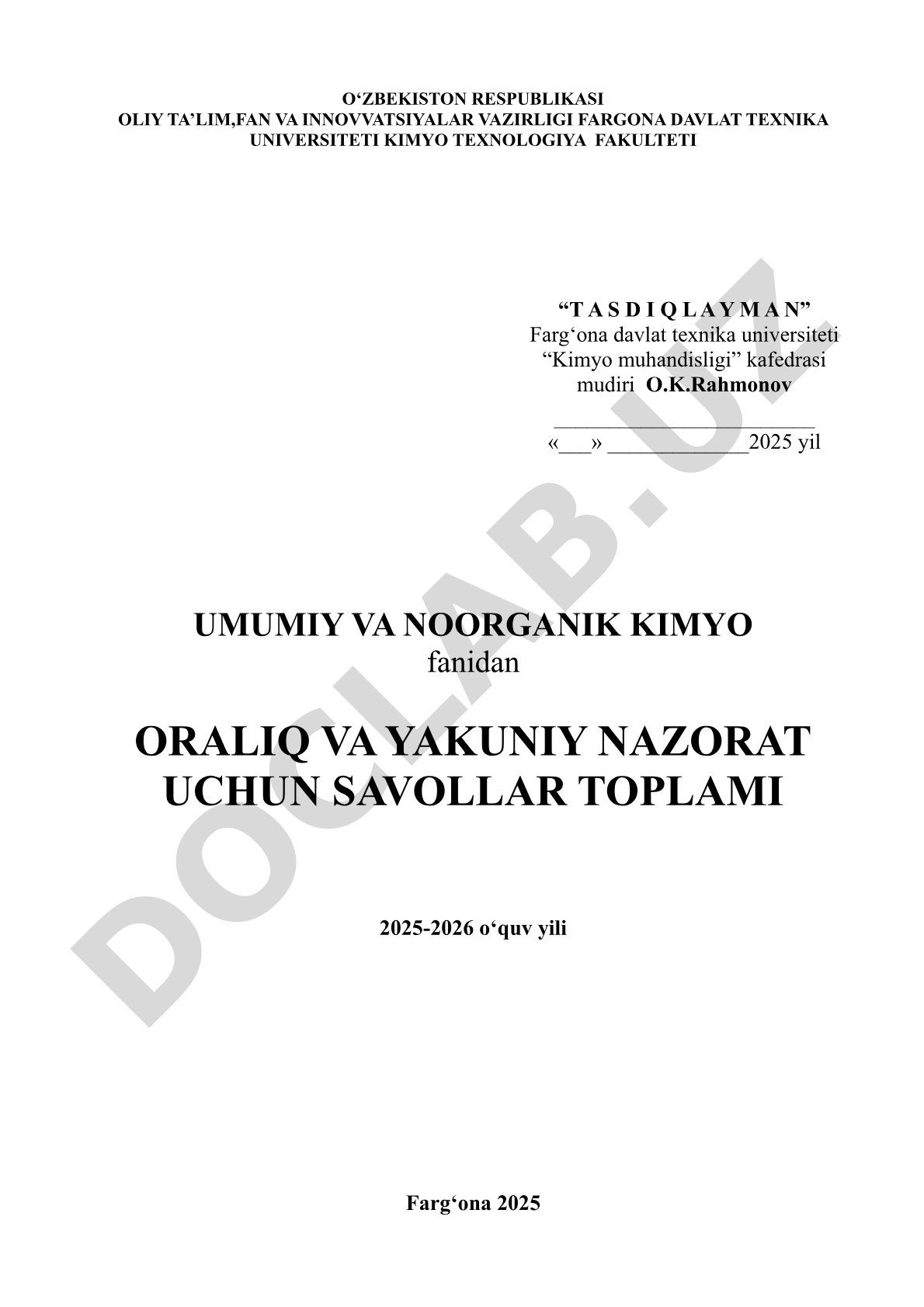 Umumiy va noorganik kimyo fanidan oraliq va yakuniy nazorat savollari to'plami